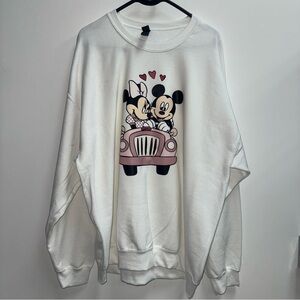 White Crewneck Sweatshirt with Mickey & Minnie Pink Car Graphic